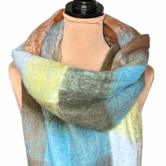 NEW Large Chunky Scarf Wool Mohair Multi Plaid Thick Fuzzy Long Fringe Winter - Picture 8 of 11